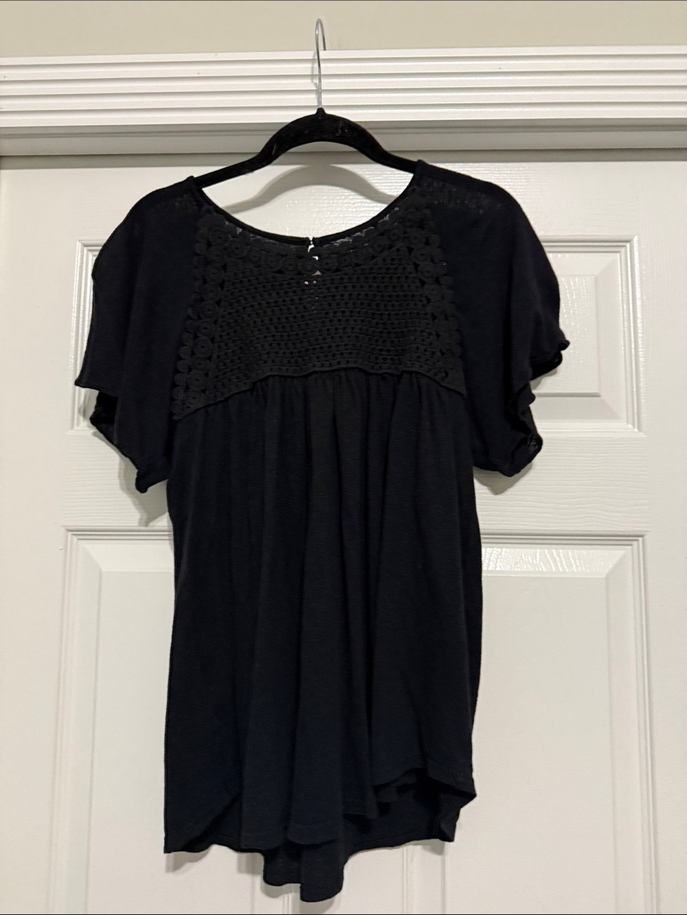 Ann Taylor Black Crochet Yoke Flutter Sleeve Top